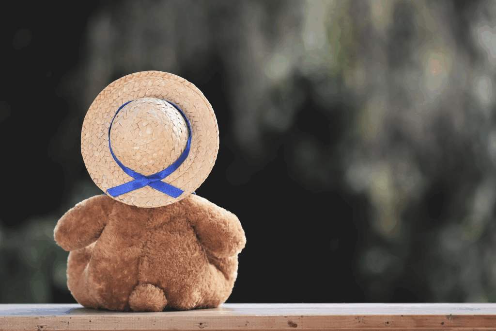 Rückansicht eines Teddybären mit Strohhut – Symbol für Einsamkeit oder Kindheitserinnerungen